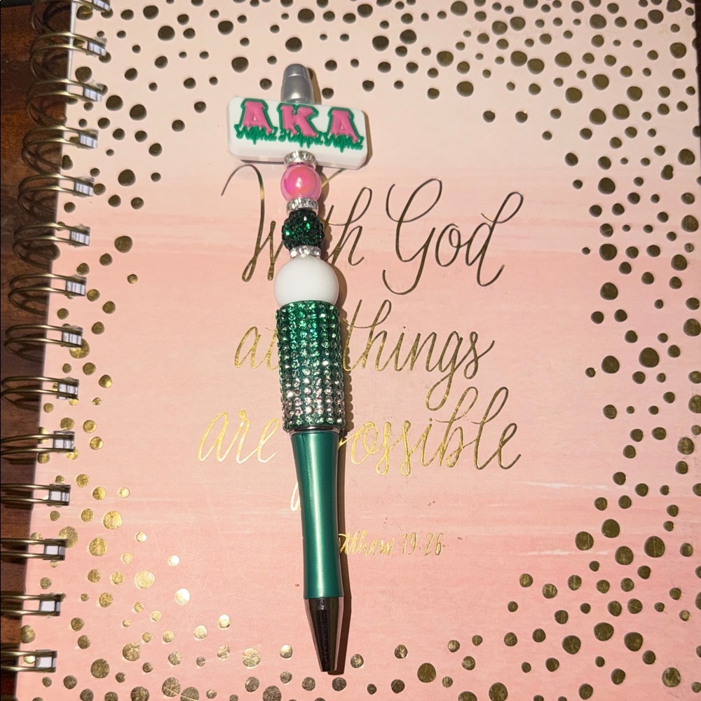White, Green & Pink Alpha Kappa Alpha Beaded Pen
